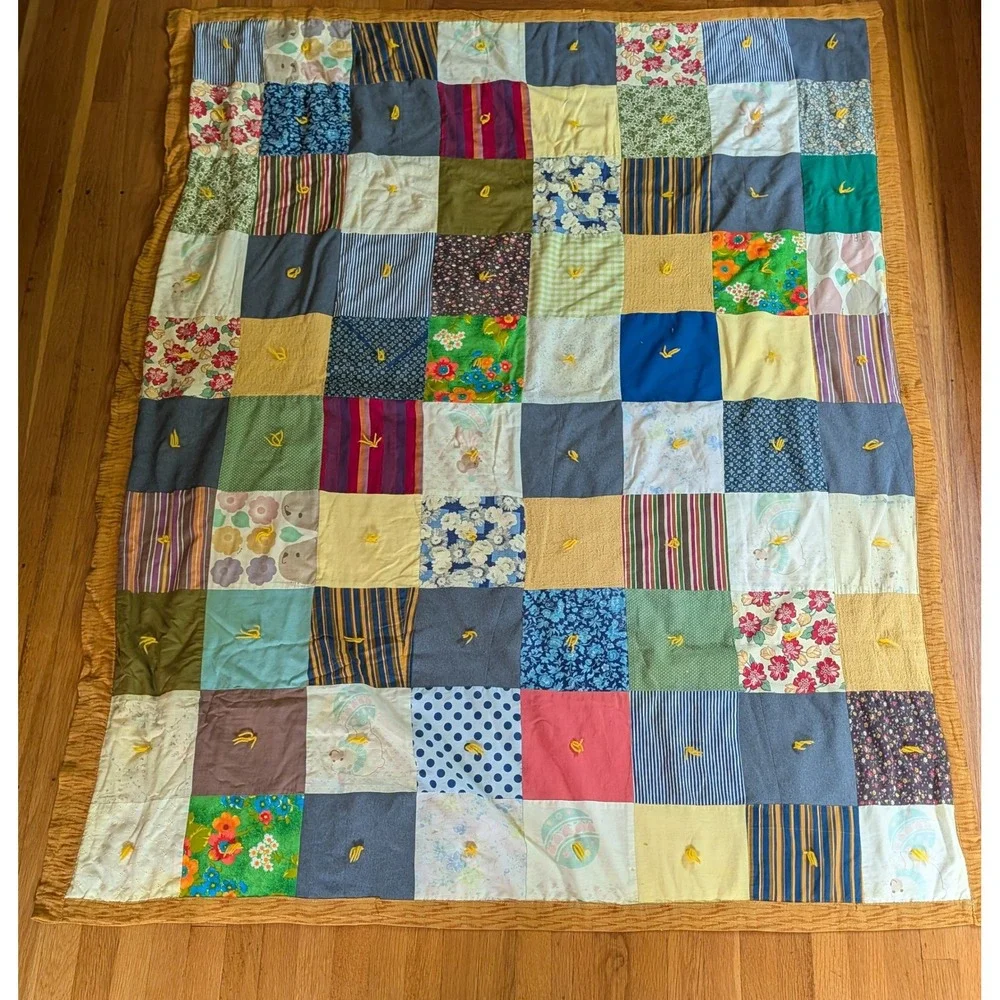 Vintage Handmade Tied Patchwork Quilt Multi Color Floral Stripe Cotton 60x74